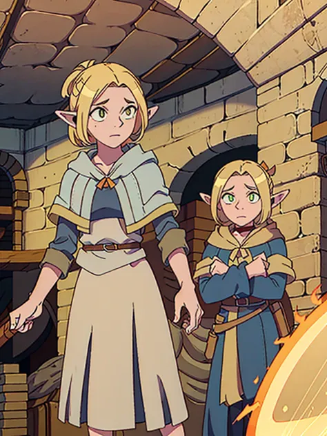 androgynous elf, blonde, short hair, orange eyes, smirk, sorcerer, aventurer clothes, full body, dungeon meshi artstyle