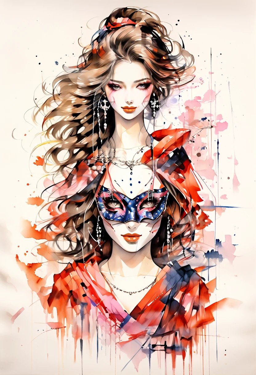 (Highest quality:0.8), (Highest quality:0.8), Perfect illustration,Beautiful woman portrait、One girl, bangs, Black nails, Blonde, , clavicle,  Earrings, Fashion G,  jewelry, looking at iniewer, , Manicure, necklace,  Long Hair,  sleeines past wrists, 一人in, Both sides up, Upper Body, in, Pop Background、Droopy eyes、summer、Pink gradient background、金色イブニングdress、派手なMasquerade Mask、Celebrities、dress、風in髪が舞う、Masquerade Mask、Masquerade Mask、Masquerade Mask、Masquerade Mask、Pink Hair