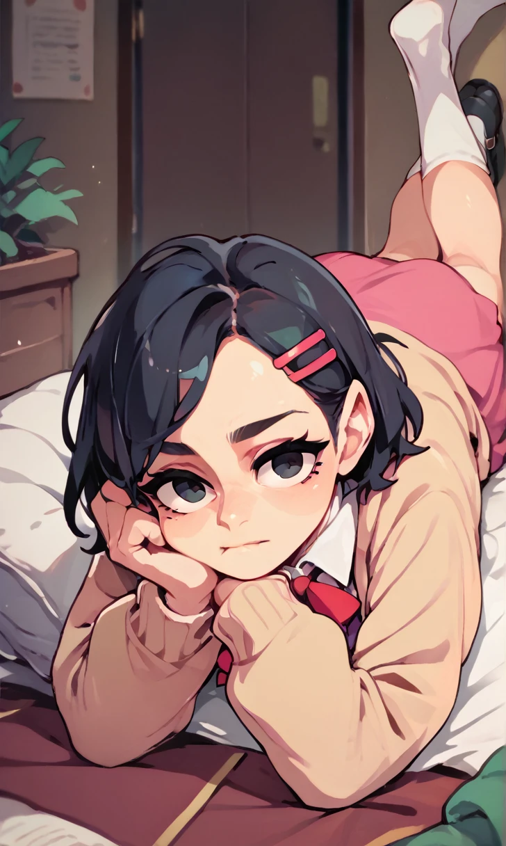 (score_9, score_8_up), score_7_up, score_6_up, score_5_up, score_4_up, Zenko, 1girl, black hair, hair ornament, hairclip, black eyes, short hair, beige cardigan, cardigan, pink dress, red ribbon, lying on bed, on stomach, elbow rest, hands on chin, looking away, expressionless, white socks, black footwear, legs up, cheeks, pout, indoors, bedroom, close-up xaxaxa