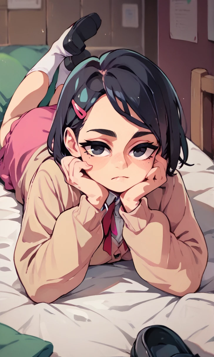 (score_9, score_8_up), score_7_up, score_6_up, score_5_up, score_4_up, Zenko, 1girl, black hair, hair ornament, hairclip, black eyes, short hair, beige cardigan, cardigan, pink dress, red ribbon, lying on bed, on stomach, elbow rest, hands on chin, looking away, expressionless, white socks, black footwear, legs up, cheeks, pout, indoors, bedroom, close-up xaxaxa