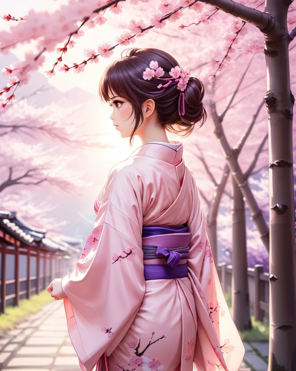 Anime Style 1 Girl, The background is a row of cherry blossom trees, Light pink kimono with purple obi,Looking back at me, The sunlight is soft, .,masterpiece, Highest quality,