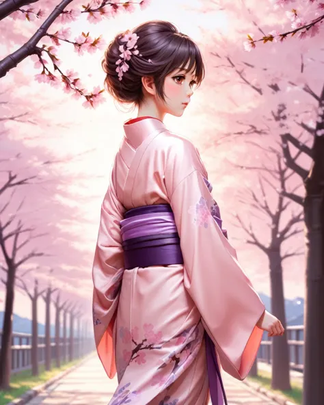 anime style 1 girl, the background is a row of cherry blossom trees, light pink kimono with purple obi,looking back at me, the s...