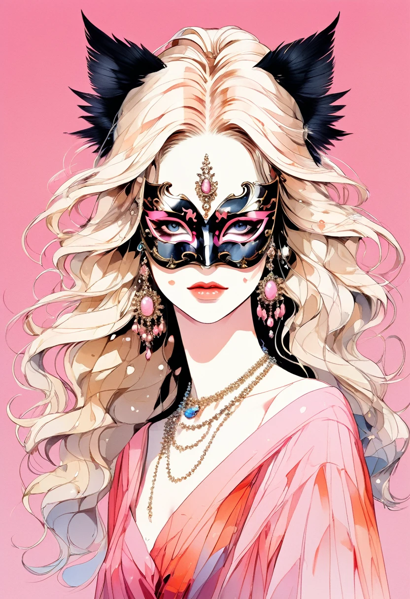 (Highest quality:0.8), (Highest quality:0.8), Perfect illustration,Beautiful woman portrait、One girl, bangs, Black nails, Blonde, , clavicle,  Earrings, Fashion G,  jewelry, looking at iniewer, , Manicure, necklace,  Long Hair,  sleeines past wrists, 一人in, Both sides up, Upper Body, in, Pop Background、Droopy eyes、summer、Pink gradient background、金色イブニングdress、派手なMasquerade Mask、Celebrities、dress、風in髪が舞う、Masquerade Mask、Masquerade Mask、Masquerade Mask、Masquerade Mask、