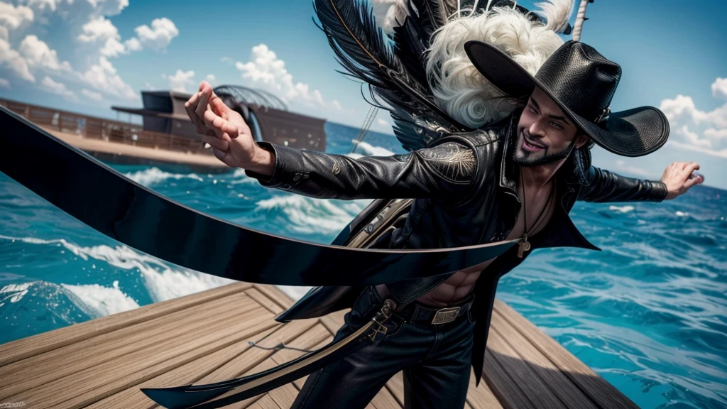 masterpiece, best quality, extremely detailed, hyperrealistic, photorealistic, a cool 40s man, ultra detailed face:1.2, black hat with feathers, on detailed yacht, sea, laughing, standing, dynamic pose, holding long black sword
