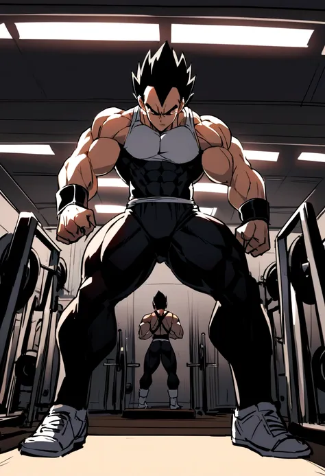 A detailed drawing of Vegeta training intensely in a bodybuilding gym -  SeaArt AI