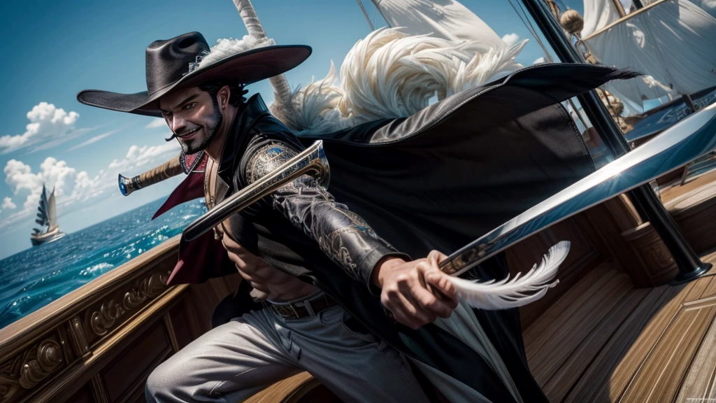 masterpiece, best quality, extremely detailed, hyperrealistic, photorealistic, a cool 40s man, ultra detailed face:1.2, black hat with feathers, on detailed yacht, sea, laughing, standing, dynamic pose, holding long black sword
