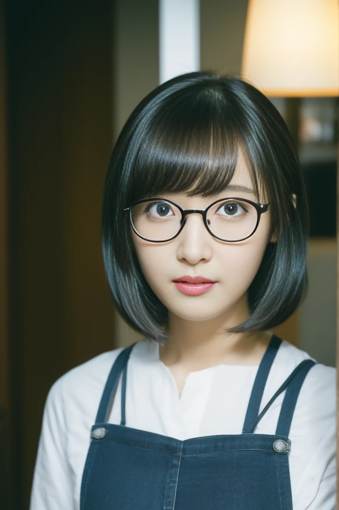 masterpiece、8K、Raw photo、（Realistic:1.4）、High resolution mouth、Eyes are high resolution、Shiny skin、Big eyes、Round face,Double Eyes、Puffy eyes、Medium Breasted Woman, （Bob Hair:1.4）、Happy expression、One Woman、20-year-old, Woman wearing glasses、in apron、Movie Grain Movie Light、The lens is 50mm、Gray-haired woman