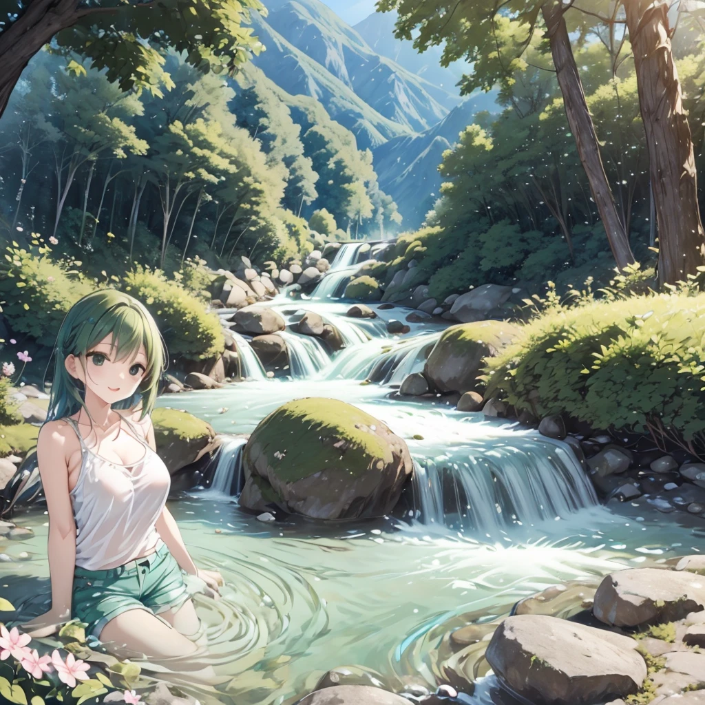 (NSFW、Erotic、sexy、Adult)、Set in a lush mountain landscape、Young woman enjoying nature by playing in a clear mountain stream(彼女はsexyな水着を着ています)。The scene is realistic anime style。The woman is wearing a tank top and shorts.、Standing in the shallows of a stream、Scoop up water with your right hand、Extend your left hand slightly for balance。She has a happy look on her face.。In the background、Mountains covered with green forests々々is drawn、wood々々々々A soft light shines between、It casts a warm, natural light on the scene.。The water in the stream is clear、I see rocks below me、The banks are lined with vibrant greenery and wildflowers.。The camera angle is slightly behind and above the woman.、It gives the scene depth and perspective.。When the sunlight hits the water surface, the woman、Gives hair a soft and lustrous look