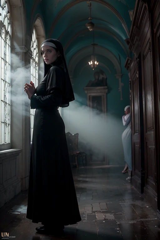 Masterpiece, (a close shot:1.3), (A beautiful catholic 1 nun girl is in the foreground, ultra realistic face, ultra detailed face:1.4), her silhouette stark against the dimly lit backdrop of the ruined abbey. (Wisps of fog swirl around her feet, adding to the sense of isolation and vulnerability:1.2). The abbey itself looms ominously behind her, its once-grand architecture now reduced to decaying ruins. Shadows play tricks on the eye, suggesting hidden figures or lurking dangers within the mist. The overall atmosphere is one of dread and impending peril, as the nun braces herself for whatever horrors the dawn may bring, 8K, ultra high res.photorealistic, UHD