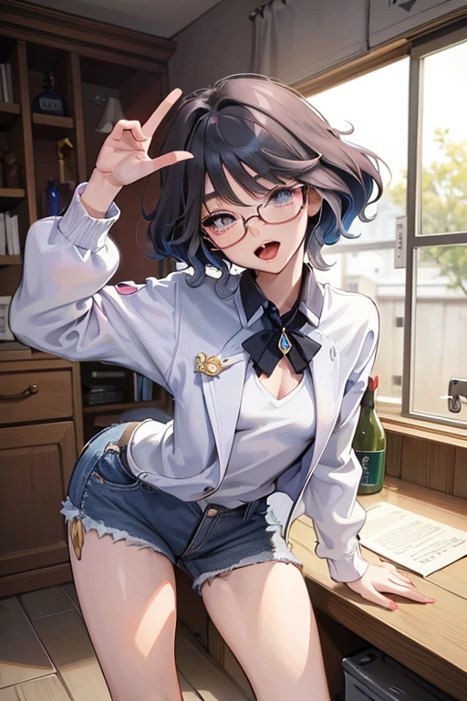 ,, wearing a short ,, she open her clothes,, With his long tongue out of his mouth, with a small breast,, with a peace arm pose,, full body picture with her leg,, wearing a jeans short,, wearing a glasses ,, sexual expresion 