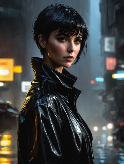 1 female, short hair,  with black leather jacket, 
Blade Runner Rain Shadow Dramatic Lighting Art，author：John Burkey
(best quali...