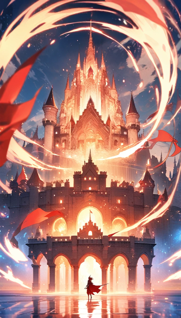 Grand château, murs magiques drapeau rouge loup icône atmosphère lumineuse