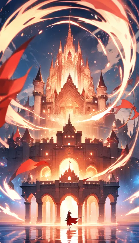 Big castle, magic walls red flag wolf icon bright atmosphere