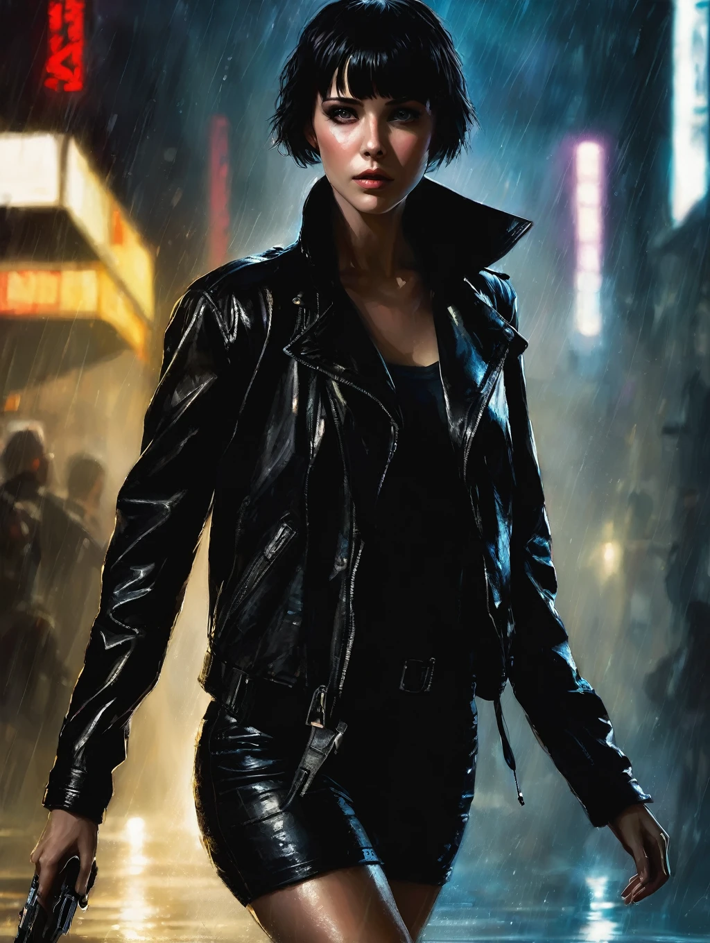 1 female, short hair,  with black leather jacket, 
Blade Runner Rain Shadow Dramatic Lighting Art，author：John Burkey
(best quality, masterpiece, )