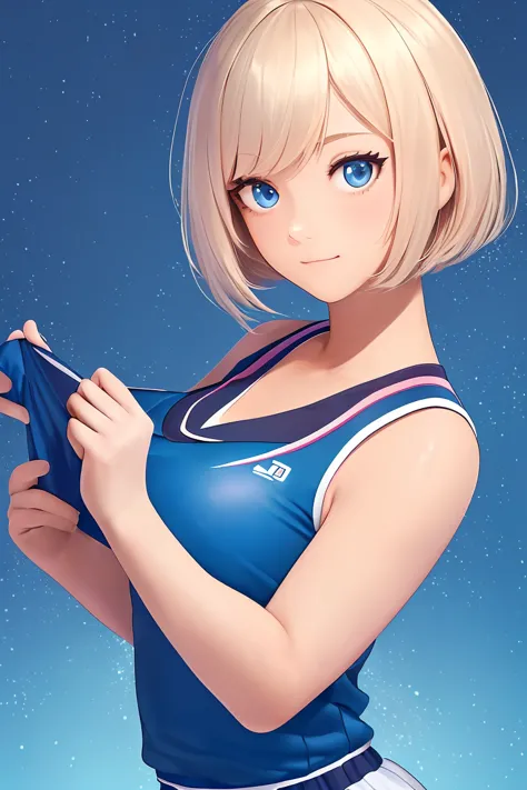 a cut girl with sort hair, wearing tennis sport uniform, standing sideways,left side face, full-body, clean background, full bod...