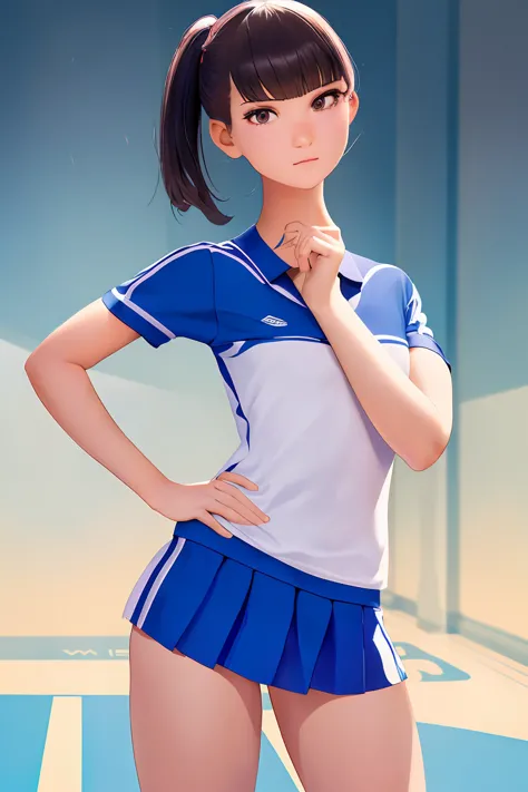 a cut girl with sort hair, wearing tennis sport uniform, standing sideways,left side face, full-body, clean background, full bod...