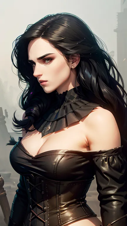 (Katie McGrath face), Generate an illustration of a young (Yennefer of Vengerberg), of Witcher 3, hair combed to sides, layered ...