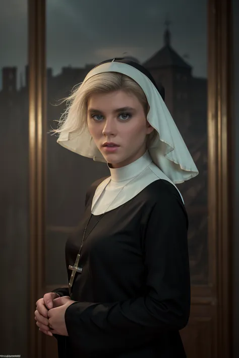 Masterpiece, (a close shot:1.3), (A beautiful sexy catholic 18 years old nun girl, blonde hair, ultra realistic face, ultra deta...