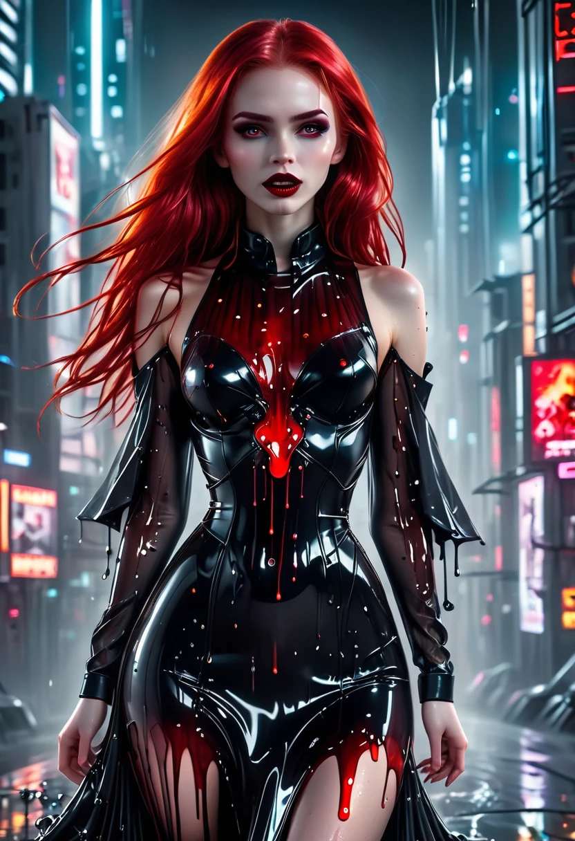 ((a photorealistic glamour shot of an exquisite, glamour mecha female vampire: 1.5)), ((full body: 1.3)), ultra feminine, pale face, red hair, long vibrant shiny hair, glamorous hair,  red eyes, miniatures mechanical , deep penetrating eyes, red lips, lustful lips, ((two visible vampiric fangs: 1.5), drops of blood dripping from the mouth, ((cyberpunk style: 1.5)), she wears (black elegant liquid, glamour dress, with small delicate mechanical parts: 1.4), digital parts,  intricate details, the dress is studded with diamonds, tight suit, dynamic color, high heels, cyberpunk street at night background, (highest quality:1.2, Very detailed, up to date, Vibrant, Ultra-high resolution, High Contrast, masterpiece:1.2, highest quality, Best aesthetics), best details, best quality, highres, ultra wide angle, 16k, [ultra detailed], masterpiece, best quality, (extremely detailed), Genetically modified..., Cinematic Hollywood Film, nijimecha, liquid dress