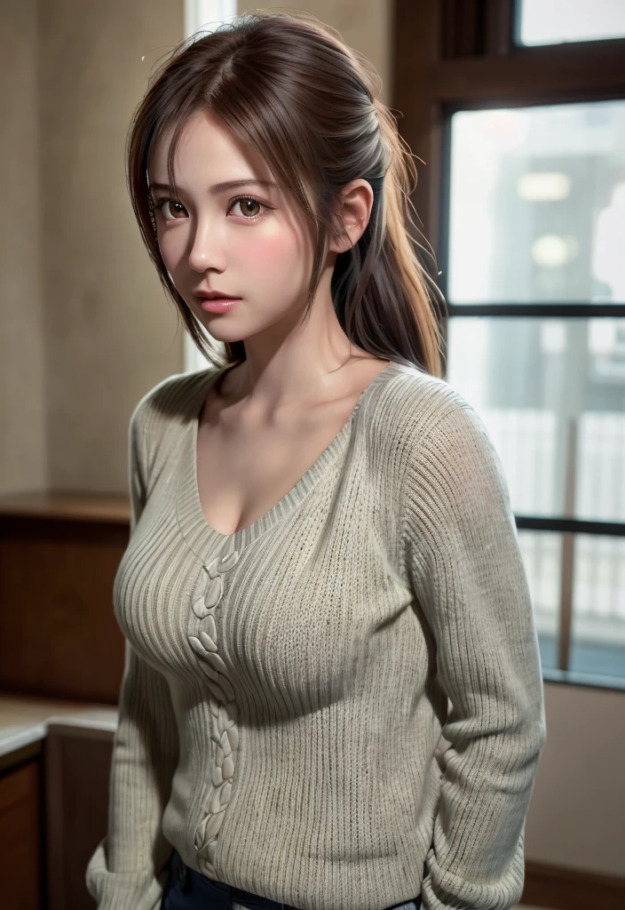 8K, of the highest quality, masutepiece:1.2), (Realistic, Photorealsitic:1.37), of the highest quality, masutepiece, Beautiful young woman, Pensive expression,、A charming、and an inviting look, Dobo dabo knitwear、cleavage of the breast, Hair tied back, Cinematic background, Light skin tone