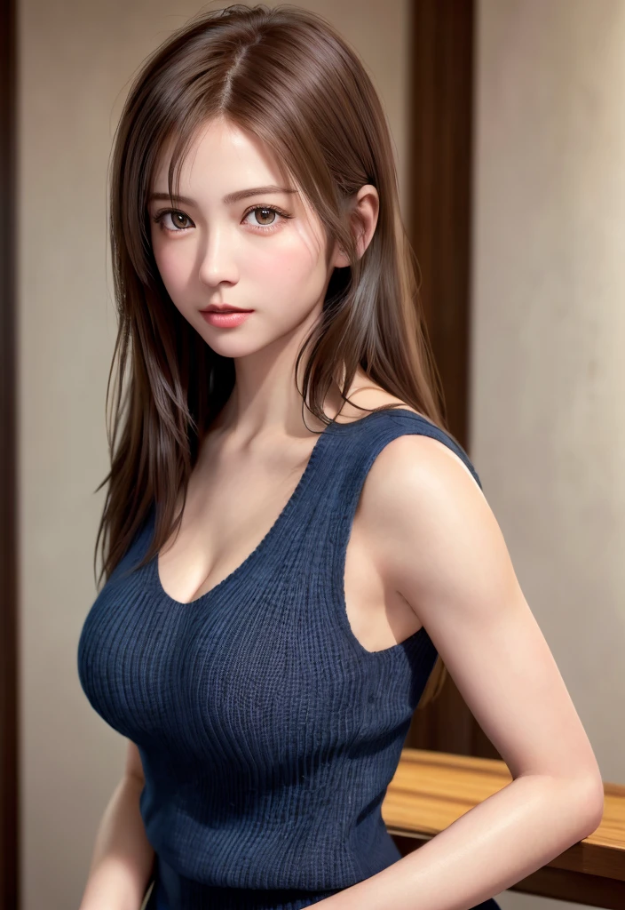 8K, of the highest quality, masutepiece:1.2), (Realistic, Photorealsitic:1.37), of the highest quality, masutepiece, Beautiful young woman, Pensive expression,、A charming、and an inviting look, Dobo dabo knitwear、cleavage of the breast, Hair tied back, Cinematic background, Light skin tone