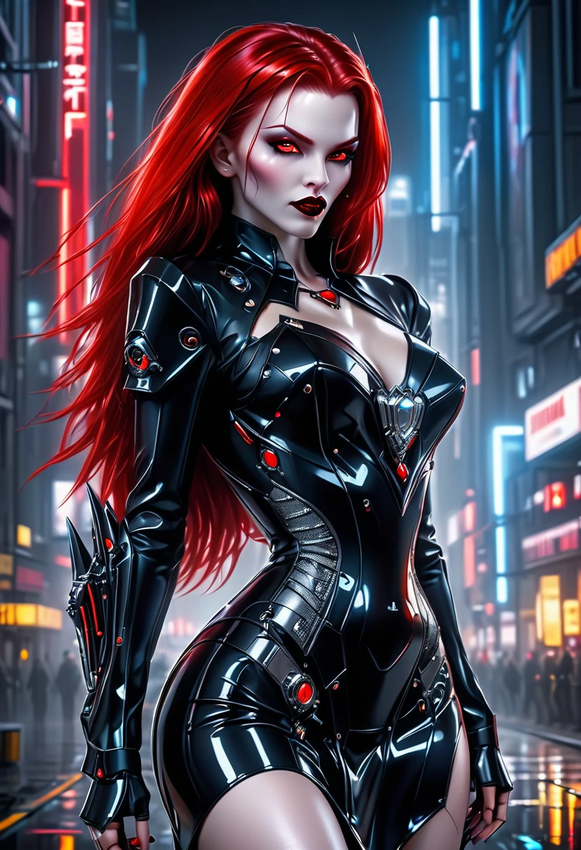 ((a photorealistic glamour shot of an exquisite, glamour mecha female vampire: 1.5)), ((full body: 1.3)), ultra feminine, pale face, red hair, long vibrant shiny hair, glamorous hair,  red eyes, miniatures mechanical , deep penetrating eyes, red lips, lustful lips, ((two visible vampiric fangs: 1.5), drops of blood dripping from the mouth, ((cyberpunk style: 1.5)), she wears (black elegant liquid, glamour dress, with small delicate mechanical parts: 1.4), digital parts,  intricate details, the dress is studded with diamonds, tight suit, dynamic color, high heels, cyberpunk street at night background, (highest quality:1.2, Very detailed, up to date, Vibrant, Ultra-high resolution, High Contrast, masterpiece:1.2, highest quality, Best aesthetics), best details, best quality, highres, ultra wide angle, 16k, [ultra detailed], masterpiece, best quality, (extremely detailed), Genetically modified..., Cinematic Hollywood Film, nijimecha, liquid dress