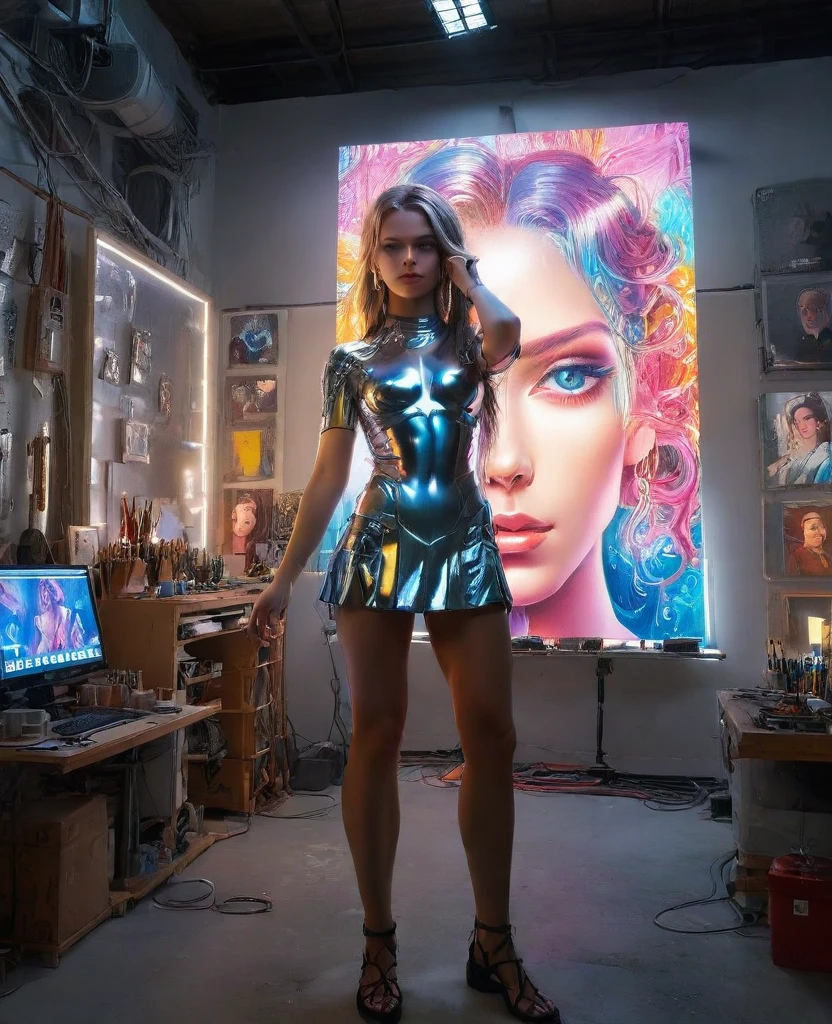 a cyborg girl standing in a large bright studio, engaged in creating a self-portrait on canvas, depicted in majestic beauty and elegance, her metallic skin reflecting light creating a play of hues like an expensive jewelry, long metal hair framing her face, bright eyes shimmering with light, staring ahead with confidence and creative inspiration, graceful pose showing off her grace, strength and fine mechanical limbs, hands holding brushes immersed in the creative process, the outline of the self-portrait with oil paints coming to life under her dexterous fingers, gaining depth and volume with bright hues and rich colors, a gorgeous and amazing scenario combining the beauty of art, power and technological advancement, beautiful shiny smooth, high quality, best quality, absurdres, masterpiece, beautiful, intricate details, 1/2 body crop, slim body, beautiful figure, magnificent anatomy, intricate details:1.12, HDR, intricate details, hyper-detailing:1.15, natural skin textures, hyper realistic, soft light, sharp:1.2