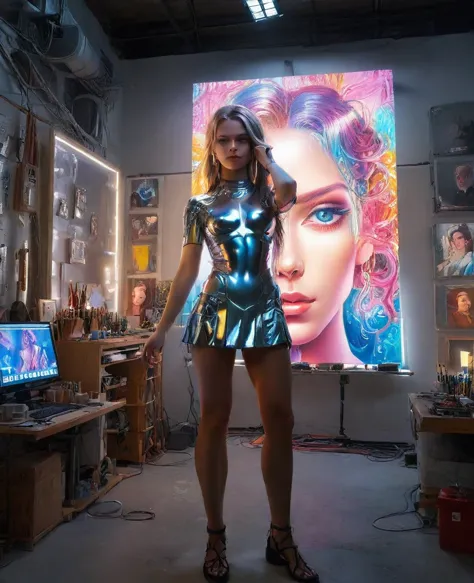 a cyborg girl standing in a large bright studio, engaged in creating a self-portrait on canvas, depicted in majestic beauty and ...