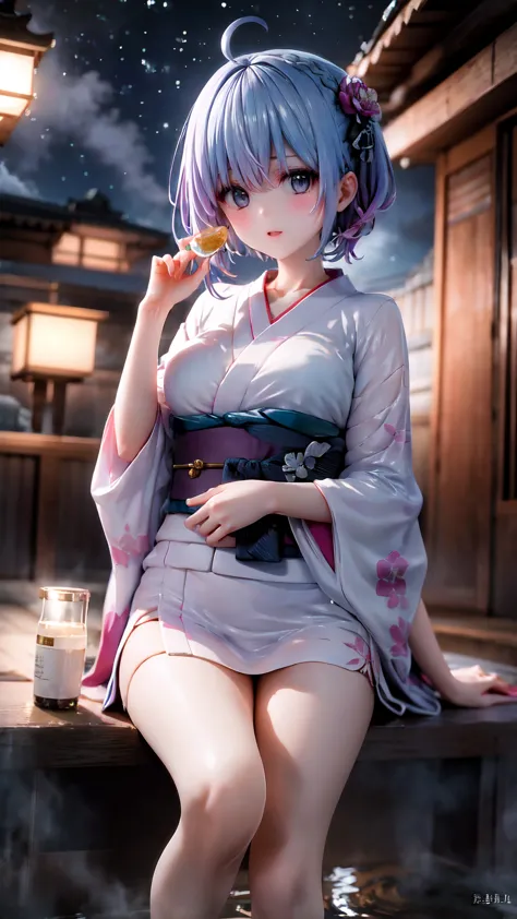（masterpiece）、(Highest quality)、((Very detailed))、(Very delicate)、Pastel colored hair、Beautiful breasts、yukata、Nighttime hot spr...