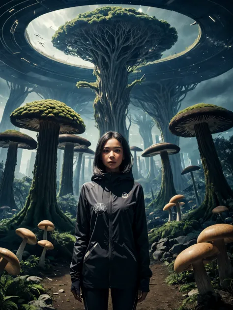 1girl, surrounded by towering mushrooms and twisted trees, glowing alien cityscape background, extraterrestial visitors, unreal ...