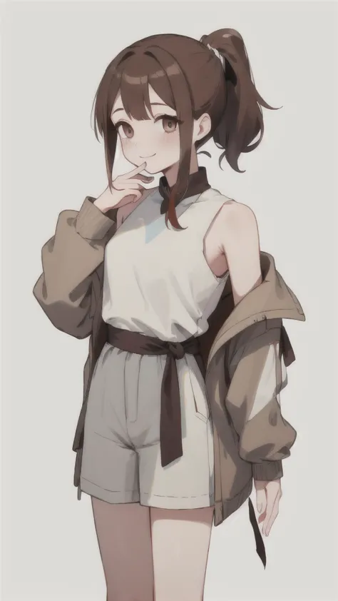 her shoulder-length brown hair is tied up in a ponytail。her gentle smile is characteristic、casual dressed woman、(white backgroun...