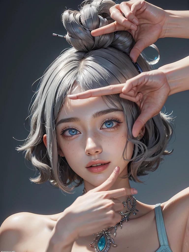((masterpiece)), ((best quality)), (ultra-detailed), ((extremely detailed)), 4K, (8K), best quality, a beautiful woman, (( gray hair)),  ((curly bob cut)), light blue eyes, detailed skin, freckled skin, 　20 years old, smile, finger frame, perfect hand, 