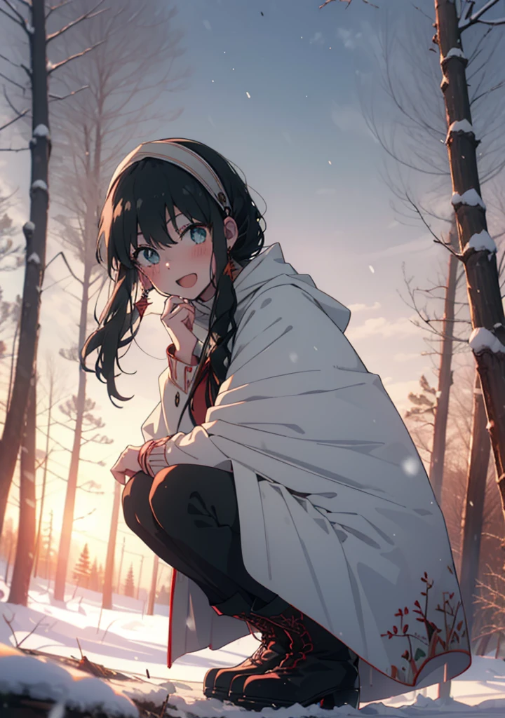Your thorns, One Girl, blush, Black Hair,Red eyes, hair band, jewelry, Earrings, happy smile, smile, Open your mouth,
Open your mouth,snow,Ground bonfire, Outdoor, boots, snowing, From the side, wood, suitcase, Cape, Blurred, Eat food, forest, White handbag, nature,  Squat, Mouth closed, フードed Cape, winter, Written boundary depth, Black shoes, red Cape break looking at viewer, Upper Body, whole body, break Outdoor, forest, nature, break (masterpiece:1.2), Highest quality, High resolution, unity 8k wallpaper, (shape:0.8), (Beautiful and beautiful eyes:1.6), Highly detailed face, Perfect lighting, Highly detailed CG, (Perfect hands, Perfect Anatomy),