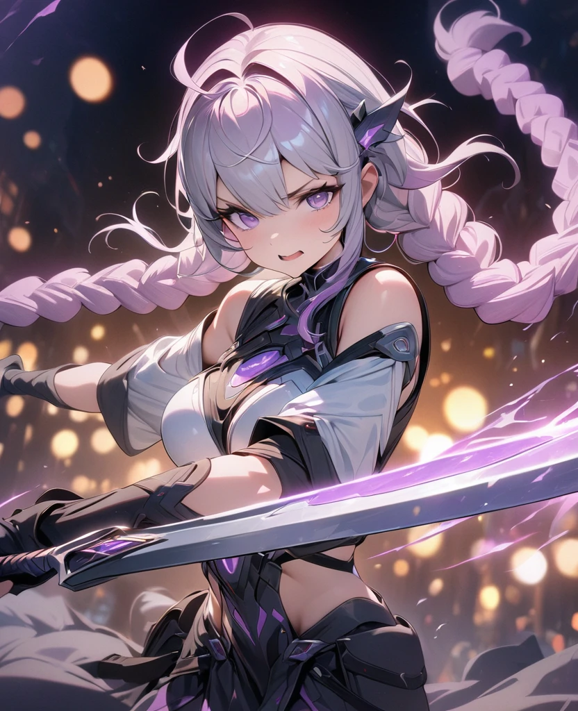 (best quality,4k,8K,High resolution,masterpiece:1.2),Extremely detailed,(Practical),light, Bokeh，Purple double twist braid ，Holding a sword, energetic, Expressive