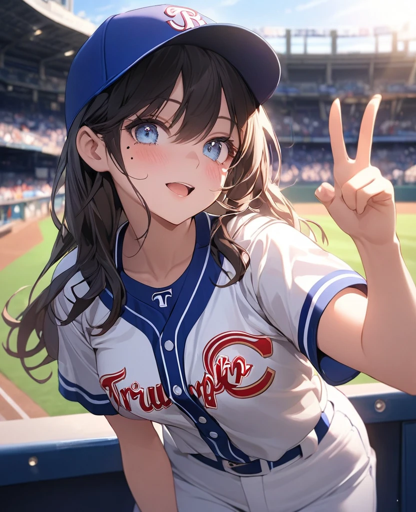 masterpiece, best quality, ultra detailed, (tear mole:1.3), beautiful detailed eyes, baseball cosplay, baseball stadium, baseball uniform, triumph expressions, 1girl, wide angle shot, detailed uniform, look at viewer, depth of field, detailed realistic background, diffused natural sunlight, diffused natural skin glow, summer, medium breasts,