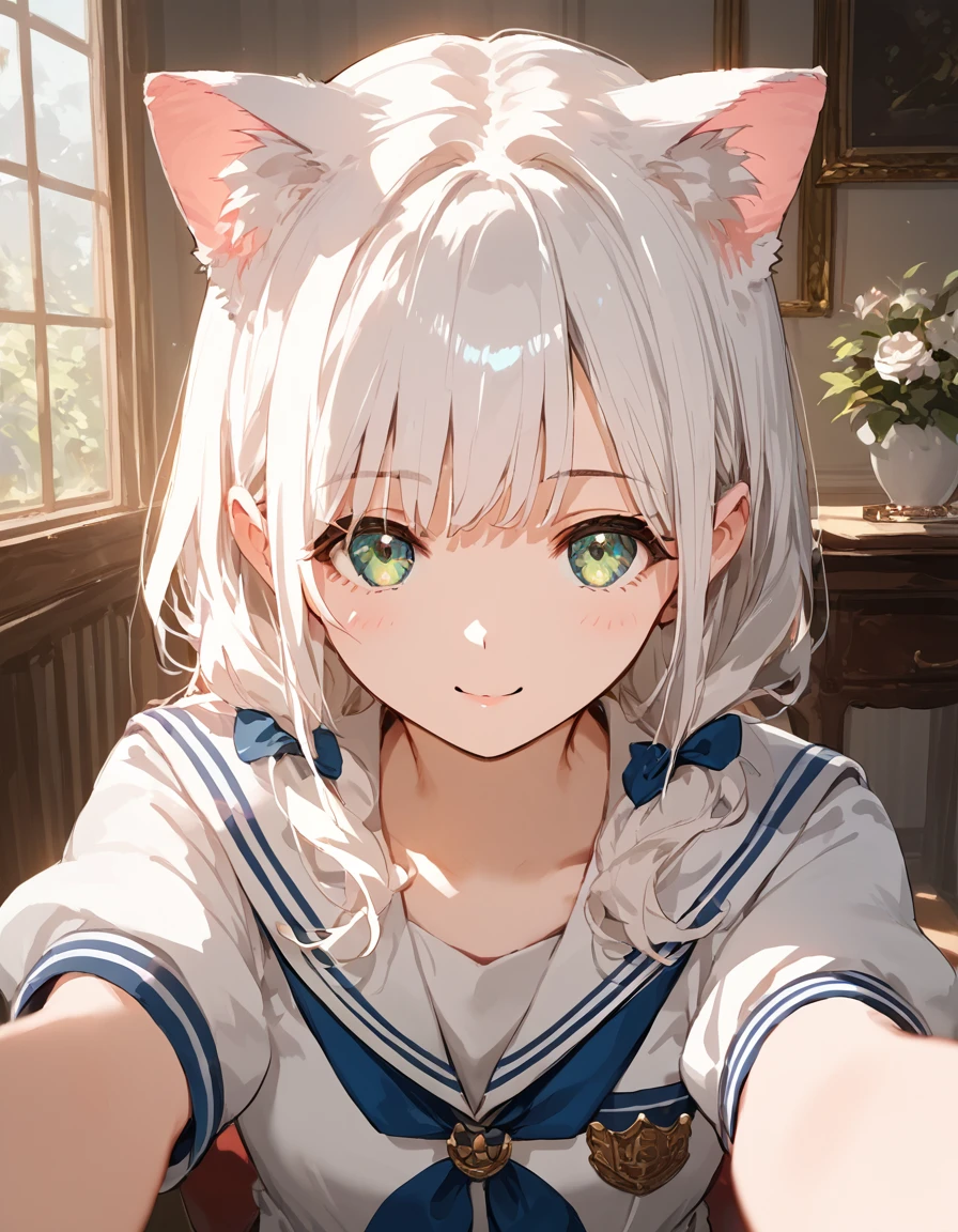 score_9, score_8_up, score_7_up, score_6_up, source_anime, rating_safe, masterpiece, best qualityer, Cat-eared girl with white hair, Straight ahead, Viewer's POV, hands out, adolable, sailor outfit