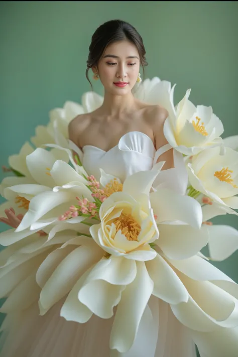 pink background,  arafed woman in a white dress with large flowers on her dress,, inspired by liu haisu, made of silk paper, rob...