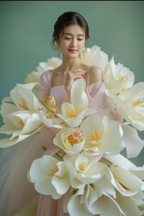 pink background,  arafed woman in a white dress with large flowers on her dress,, inspired by liu haisu, made of silk paper, rob...