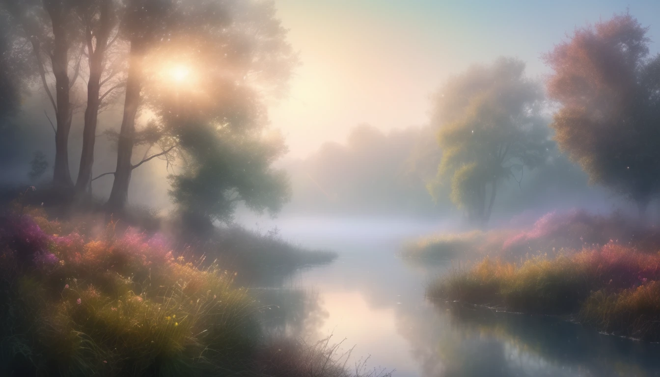 Highest quality,4K,High resolution,masterpiece:1.2,Super detailed,Realistic:1.37,Scenic painting,Soft pastel colors,Fantastic lighting,emerge from the fog,Delicate texture,Impressionism,Light flowing through the atmosphere,Glowing particles suspended in the air,Ethereal dreamy atmosphere,Blurred foreground with focus on subject,A subtle change from warm to cool colors,Soft and diffuse shadows,Refraction of Light,Play of light and shadow,Translucent and glowing effect,Subtle rainbow color,Subtle color gradients,Dim background,The subtle interplay of light and color,Subtle sparkle and shine,Revealing the hidden beauty of nature,Calm and relaxed atmosphere,Gentle swirling mist,Nature&#39;s Secret Whispers,Heavenly beauty of the natural world.