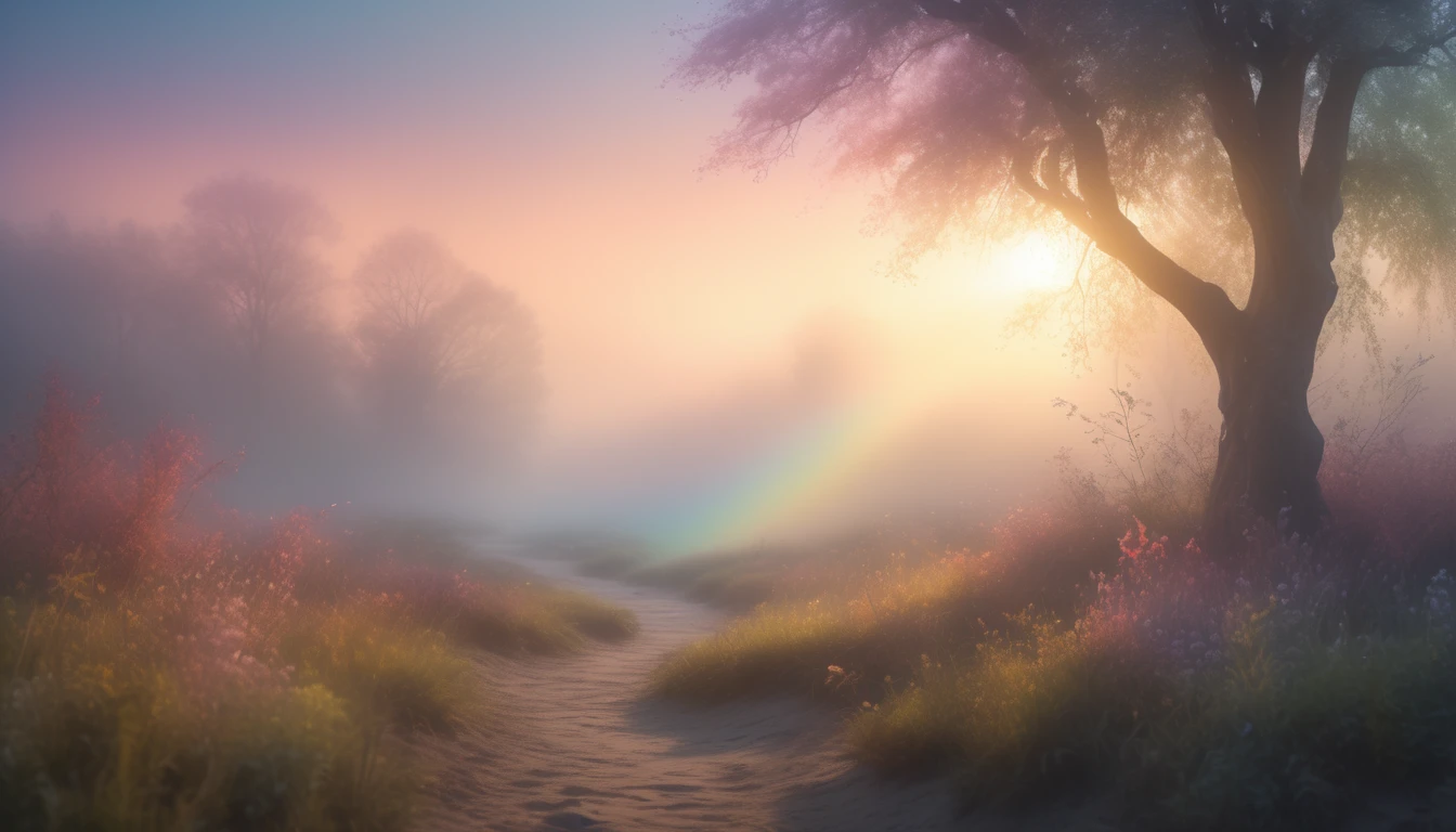 Highest quality,4K,High resolution,masterpiece:1.2,Super detailed,Realistic:1.37,Scenic painting,Soft pastel colors,Fantastic lighting,emerge from the fog,Delicate texture,Impressionism,Light flowing through the atmosphere,Glowing particles suspended in the air,Ethereal dreamy atmosphere,Blurred foreground with focus on subject,A subtle change from warm to cool colors,Soft and diffuse shadows,Refraction of Light,Play of light and shadow,Translucent and glowing effect,Subtle rainbow color,Subtle color gradients,Dim background,The subtle interplay of light and color,Subtle sparkle and shine,Revealing the hidden beauty of nature,Calm and relaxed atmosphere,Gentle swirling mist,Nature&#39;s Secret Whispers,Heavenly beauty of the natural world.