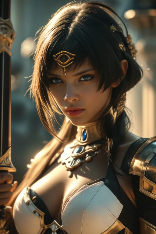 woman, blood knight, spiked armor, black shoulder pads , Black Armor, Two-handed sword in hand ,  perfect face, (bright lighting:1.2),beautiful detailed eyes, very detailed face, perfect lighting,masterpiece, Best quality,,(8 thousand., Best quality: 1.2), (masterpiece: 1.37), (Photo, Photorealestic:1.37), (Ultra high resolution,insanely detailedRealistic eyes, beautiful detailed eyes, (realistic skin,