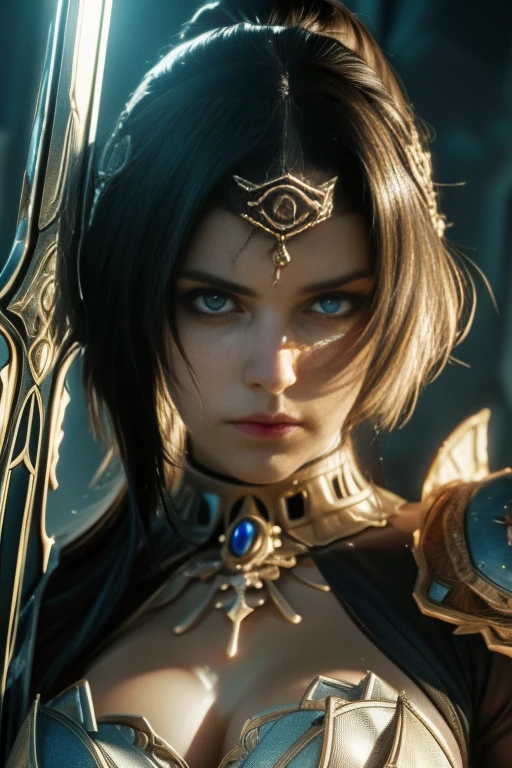 woman, blood knight, spiked armor, black shoulder pads , Black Armor, Two-handed sword in hand ,  perfect face, (bright lighting:1.2),beautiful detailed eyes, very detailed face, perfect lighting,masterpiece, Best quality,,(8 thousand., Best quality: 1.2), (masterpiece: 1.37), (Photo, Photorealestic:1.37), (Ultra high resolution,insanely detailedRealistic eyes, beautiful detailed eyes, (realistic full body skin