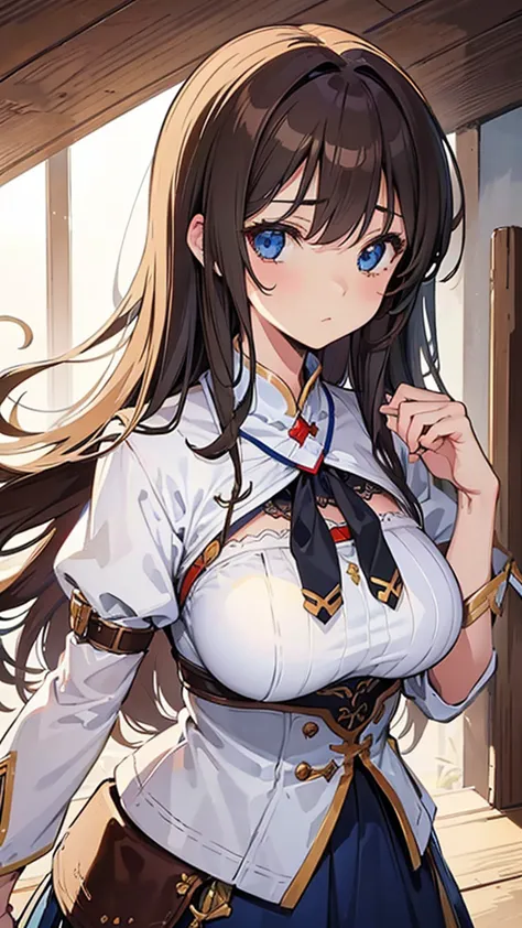 (best quality), (Very detailed), (Best Illustration Award), (beautiful girl),  (Large Breasts), Brown hair, Messy hair, Awkward,...