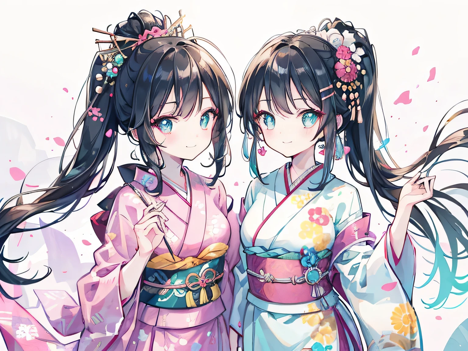 black hair, hairpin, hair bobbles, kanzashi, aqua eyes, smile, bright pupils, smiley, happy, motion lines, three sided view, masterpiece, accurate, super detail, textured skin, high quality, highres, best quality, Two Japanese girls, wearing kimonos, traditional Japanese clothing, walking hand in hand, summer festival in the evening
