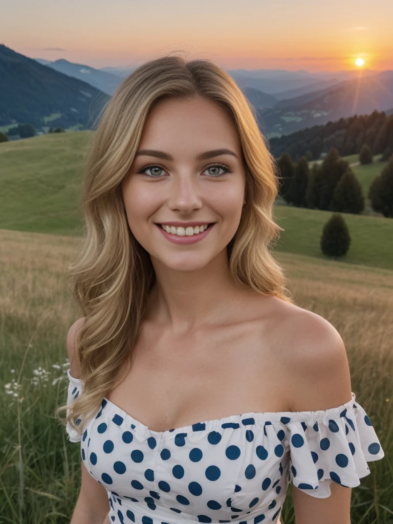 1 girl, solo, ((ugly:1.4)), ((Croatian woman)), sharp image, name is Sauri, (25 years old), (((consistent face and image))), (long blonde wavy hair), (((Croatian face and nose))), (upper body and upper legs)), (slim), (wearing off shoulder polka dot dress), slender, (overlooking sunset at the grass in Switzerland), smiling, ((mature and smirking)), wide shot

