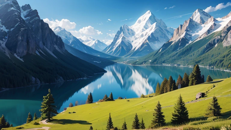a beautiful landscape, mountains, ultra detailed, ultra realism, photorealistic, Ivory, photopainting, graphic design, 90's