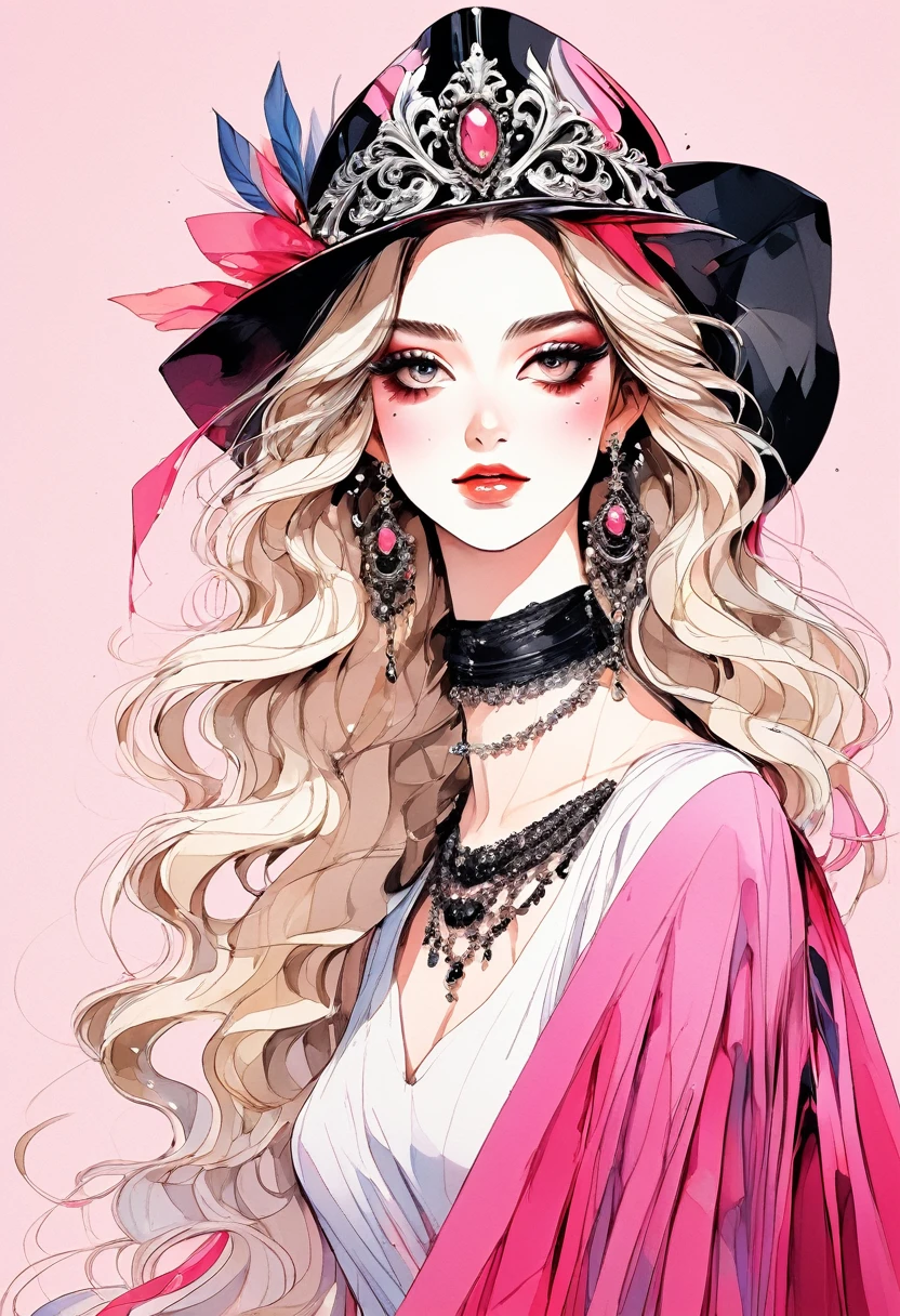 (Highest quality:0.8), (Highest quality:0.8), Perfect illustration,Beautiful woman portrait、One girl, bangs, Black nails, Blonde, , clavicle,  Earrings, Fashion G,  jewelry, looking at iniewer, , Manicure, necklace,  Long Hair,  sleeines past wrists, 一人in, Both sides up, Upper Body, in, Pop Background、Droopy eyes、summer、Pink gradient background、イブニングdress、派手なMasquerade Mask、Celebrities、dress、風in髪が舞う、Masquerade Mask、Masquerade Mask、Masquerade Mask、Masquerade Mask、British palace interior in background