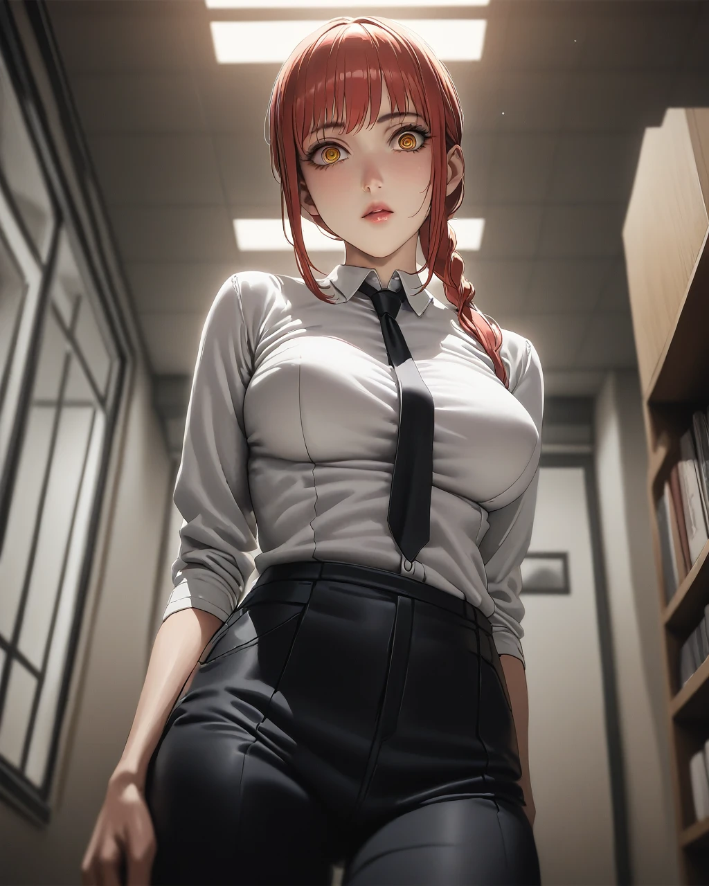 Makima (chainsaw_man), solo, chainsaw_man, 1girl, red_hair, medium_hair, ((ringed_eyes)), yellow_eyes, braided_ponytail [suit], white shirt, black tie, office background, indoors, formal, medium_breasts, (official art), fantasy, masterpiece, best quality, (highres), absurdres, beautiful face, beautiful body, symmetrical face, gorgeous, deep eyes, realistic shaded, stunning, intricate, hyper-detailed, highly detailed, sharp, smooth, sharp focus, realistic, anime, manga
Standing, ((best quality)),((highly detailed)),((perfect anatomy)), masterpiece,scenery,intricately detailed, hyperdetailed, blurry background, depth of field, best quality, intricate details, tonemapping, sharp focus, hyper detailed, high 1res, ((at midnight)),((in old office )),makima (chainsaw man),gold pupil ,ponytail, collared shirt,large breast, black pants,from below, looking viewer
