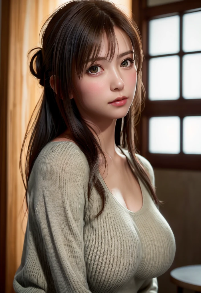 8K, of the highest quality, masutepiece:1.2), (Realistic, Photorealsitic:1.37), of the highest quality, masutepiece, Beautiful young woman, Pensive expression,、A charming、and an inviting look, Dobo dabo knitwear、cleavage of the breast, Hair tied back, Cinematic background, Light skin tone