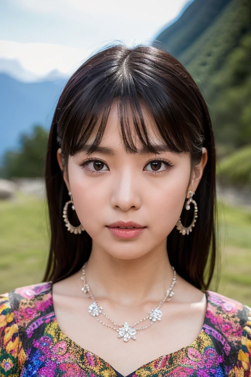 Highest quality、Masterpiece、32k raw photo,High-definition photos、Black Hair,Upper Body、Brown eyes,Earrings,necklace、Psychedelic dress、full-face blush, embarrassed,alone、Background of Machu Picchu